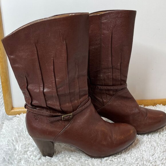 Frye Lisa Slouchy Pleated Pull On Leather Heeled Boots Mid Calf Brown Size 6‎ - Picture 10 of 16